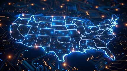 Poster - The map of the United States of America with a chip or CPU processor on a circuit board. America tech background. Microelectronics industry. 3D rendering.