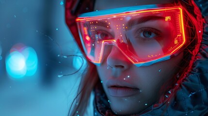 Aufkleber - Character girl cyborg with electronic implants, 3D VR glasses in cyberspace. Cyberpunk style. Cyber Girl in futuristic suit with sci-fi tech punk hairstyle. Cosplay.