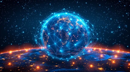 Poster - The IoT in cities. The digital tech of the world globe wireless connection network. Connection to the internet from space on planet earth. Futuristic illustration of the web networking of the future.
