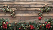 New Year and Christmas mockup Christmas tree decoration on rustic wooden table.