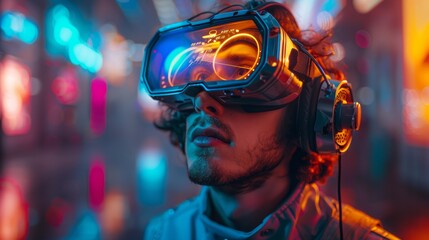 Aufkleber - Virtual reality headset or VR glasses on man looking up from virtual simulation. Augmented reality or AR helmet. Digital computer entertainment technology. 3d rendering.