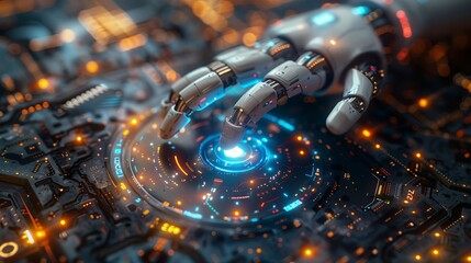 Leinwandbilder - In 3D, the robot depresses a button on a touch screen which displays a virtual holographic interface. Cognitive robotics futuristic design concept.