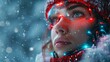 New year internet shopping. Cyborg Snow maiden. AI. 3D rendering. Cyberpunk Christmas online sale banner. Beautiful robot woman in red hat decoration.