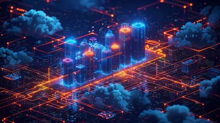 Leinwandbilder - A computer network and IT infrastructure. A laptop with software code on the screen, an internet connection to a server, a digital cloud, hardware devices.