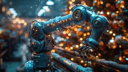 Poster - An industrial robot decorates a cyber virtual Christmas tree in modern tech style. An industrial robot decorates a virtual Christmas tree in a factory on a card of the Christmas holidays.