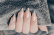Beautiful art manicure. French manicure design ideas. Nail polish. Silver French nails. Close up photo.