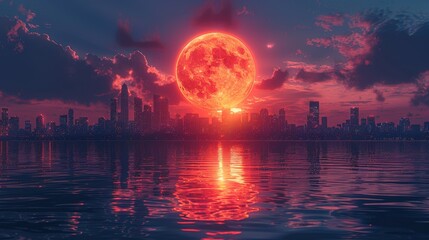 Aufkleber - Retro technology city landscape background on sunset. 80s neon color neon city background. Silhouette of a city silhouette on horizon. Retro futurism.