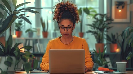 Poster - Young female businesswoman working on laptop at modern office. professional sitting at desk