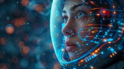 Wall Mural - A robotic woman or female cyborg working in 3D virtual reality cyberspace. Robotic lady looks up and analyzes spherical geometrical diagrams. Illustration of a woman cyborg.