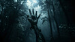 Ghost scenery Halloween background Zombie hand rising on tombstone in dark spooky night Apocalypse scary haunted .