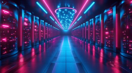 Poster - Abstract design interior of server room in data center. Futuristic digital space with electronic equipment. Data Spheres hanging over floor in digital cyberspace.