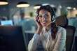 call center and web support communication at a computer in a office. Phone conversation, smile middle eastern girl worker with contact us, crm and customer service job in a consulting agency
