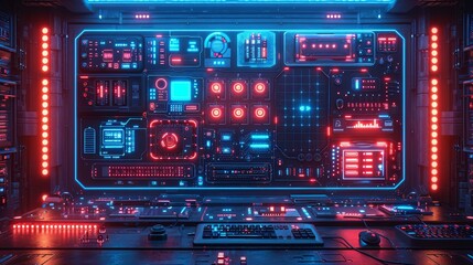 Leinwandbilder - Smartphone software development digital technology concept. Phone modern hanging over desk in neon light with mobile applications development interface elements. Mobile app design concept.