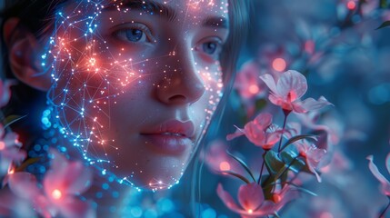 Fototapete - An anthropomorphic cyborg or robot learns the world using artificial intelligence. An artificial neural network learning AI.