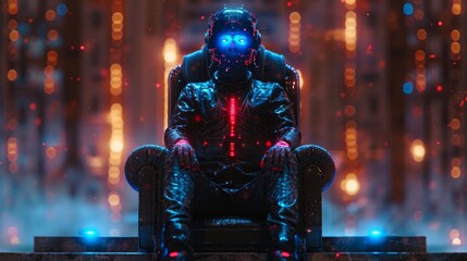 Fototapete - The girl cyborg is seated on a podium holding an armchair with AI. A robot female queen sits on the throne. Artificial intelligence rules the world.