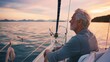 © Beyonder - Reflective Senior Man Steering Sailboat at Serene Dawn. In the soft glow of dawn, a contemplative senior man navigates a sailboat on a tranquil lake, embracing the solitude and peace of the morning.