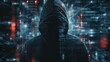 Hacker Wiping Digital Traces from Cyber Activities. The hooded silhouette of a hacker diligently removes digital footprints, a metaphor for meticulous cover-up of cyber activities and evidence erasure