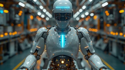 Leinwandbilder - Cyborg robot with artificial intelligence assembling in factory. Automation manufacturing, industry 4.0 concept. Industrial robotic arms controlled by artificial intelligence in factory.