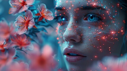 Wall Mural - An Artificial Intelligence face profile. A humanoid head takes a robotic flower hand in hand. A futuristic concept of a computer neural network learning the world. AI with Digital Brain analysis.