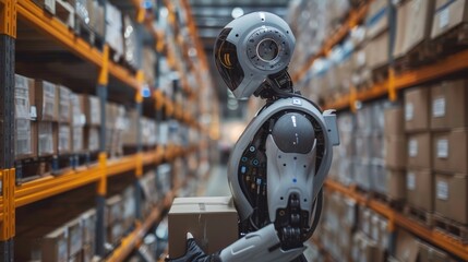 Fototapete - Robotic exosuit on worker in warehouse. Sci-fi concept exoskeleton suit. Future delivery and logistics technology. Engineer working in bionic exoskeleton.
