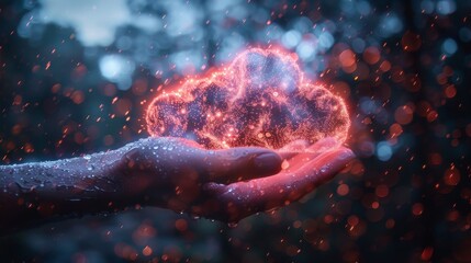 Poster - Icon of digital cloud over hand with neon lights. Digital rain of data comes from digital cloud. Internet Datum storage synchronization. Upload or download information.