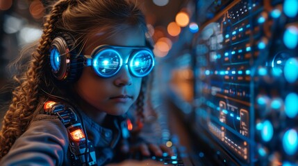 Leinwandbilder - Kids learning computer game technology, robotics, engineering. Programming game AI robots in stem school. Child creating code to control robot on laptop, phone.