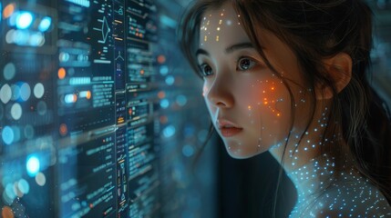 Fototapete - In image robot woman using futuristic interface on transparent computer touch screen. Artificial intelligence data displayed on computer display. Female cyborg. Artificial neural networks.