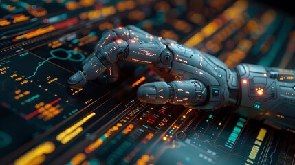 Leinwandbilder - The robot trader points at a candlestick graph on a phone display using artificial intelligence. He is using artificial neural network to trade online.