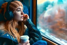 Young Lady With Headphones Gazes Out Train Window On A Rainy Day, Lost In Thoughts With A Coffee Cup. Generative AI