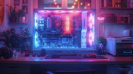 Poster - Power desktop gaming PC hardware parts with neon lights hanging over desk in dark. Computer upgrade or repair concept. Power PC with CPU, coolers, RAM boards.
