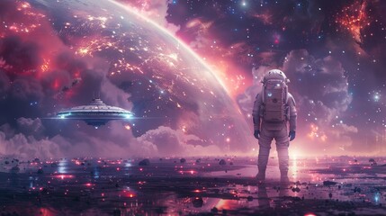 Aufkleber - Space station runway with a flying saucer landing on it, in a sci-fi illustration of an astronaut sitting on a futuristic spaceship.