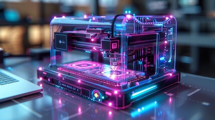 Aufkleber - An illustration of a 3D printer on a desk attached to a laptop with a photopolymer LCD touchscreen. 3d model on laptop screen with CAD system interface. Isometric illustration of 3D printer connected