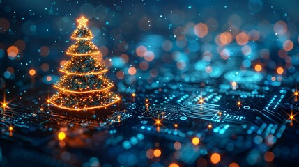 Fototapete - New year, merry christmas congratulations card with electronic technology design. Tech digital banner for the event in 2024.