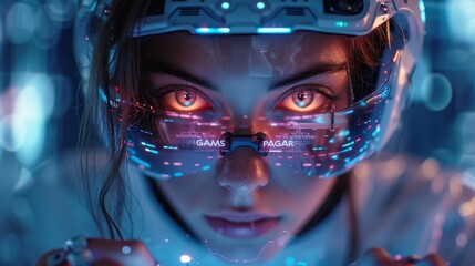 Poster - Stunning cyborg woman holds game pass for computer video games and digital entertainment. Female robot with banner splash on video gaming console. Gamers banner with robot woman holding game pass.