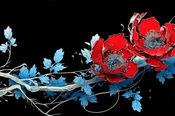 Wall Mural - Red and blue flowers with blue leaves on a black background, in an art nouveau style.