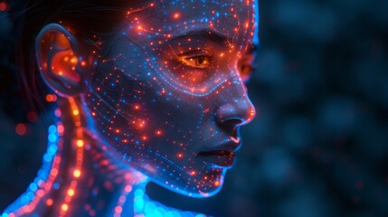 Fototapete - In this image of an AI or artificial intelligence head in profile view, an AI solves a problem. The bald head of an AI looks thoughtfully into the camera. Electrodes are connected to the AI's head.