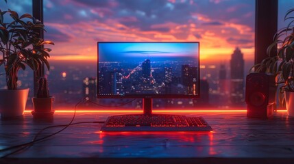 Fototapete - The front view of a gaming desktop computer is shown on a table. It has a neon light on its frame. The front view of the PC is shown on a table with a glowing neon light. A mock up of an empty screen