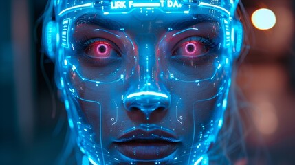 Leinwandbilder - Bipedal autonomous humanoid robot. Humanoid robot with artificial intelligence. Glass mask with robotic hands. Anthropomorphic robotics assistant.