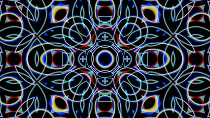 Poster - A vibrant, symmetrical kaleidoscope pattern featuring an array of blues, reds, and yellows, endlessly looping in a hypnotic animation.
