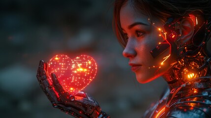 Aufkleber - This beautiful robot woman holds in her hand a pixel heart symbol of love. Decoration for Valentine's day. Neural networks, artificial intelligence with heart icon.