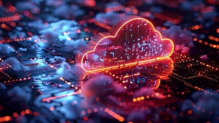 Poster - Isometric cloud computing concept. Cloud storage in software development. Digitized internet technology. Remote database administration. Cloud technology data center. Abstract computer interface.