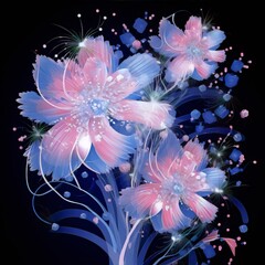 Wall Mural - Blue and pink flowers with sparkles on a black background, digital art, abstract, geometric, interior, art deco.