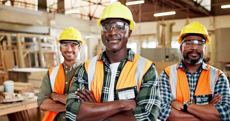 Poster - Portrait, leader and carpenter team in workshop, men with arms crossed for trade and confidence in workplace. Pride, carpentry career and professional service, artisan and partnership at factory