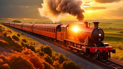 Sticker - A train is seen traveling down train tracks that run alongside a beautiful lush green field, A vintage steam train speeding across the countryside, AI Generated