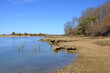 West Meadow Wetlands Reserve in Stony Brook, NY. Remains of old bridge on banks of Long Island Sound