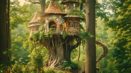 Poster - A charming and cozy tree house hidden away in the heart of a tranquil forest, A whimsical treehouse in a secluded forest, AI Generated