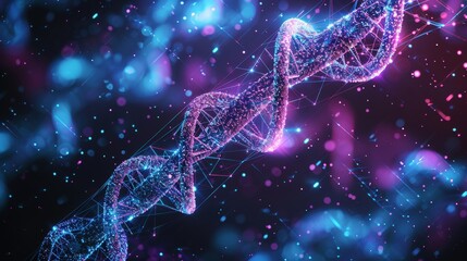 Poster - 3d DNA helix in blue and purple. Engineering concept for gene editing and genetic biotechnology. Geometric background wireframe light graphic structure  image.
