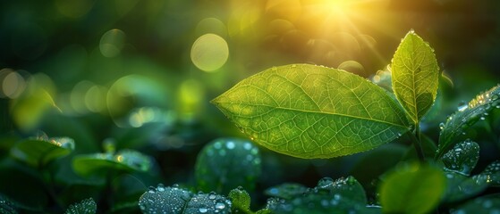 Poster - Beautiful green leaf in sunlight on blurry greenery background. Landscape of natural green plants with free space for text. Natural green background.