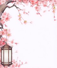 Delicate Cherry Blossom Branches With Pink Flowers And A Traditional Paper Lantern On A White Background In The Style Of Japanese Watercolor Painting.