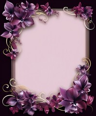 Frame of purple flowers with golden curls on dark pink background, digital art, art deco, interior, still life